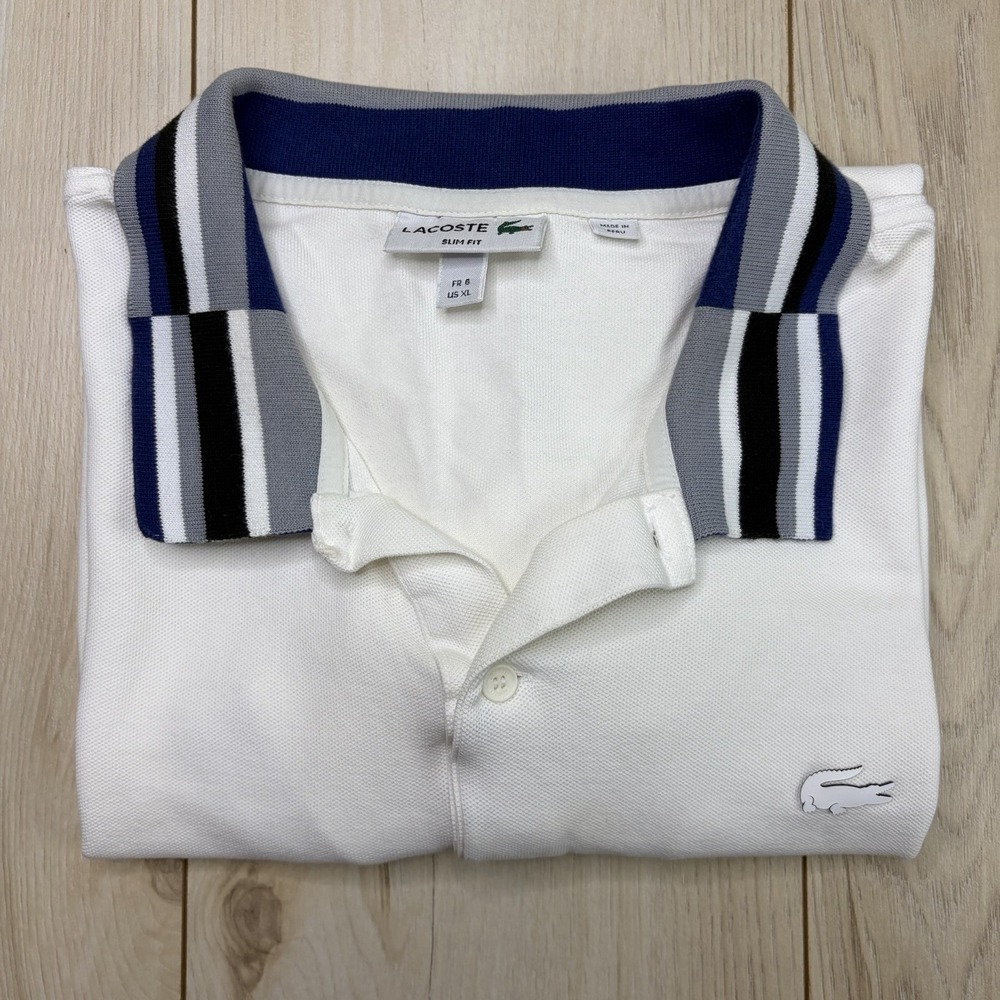 Lacoste Slim Fit Men's XL Abstract Tipped Collar Pique Knit Polo Shirt White